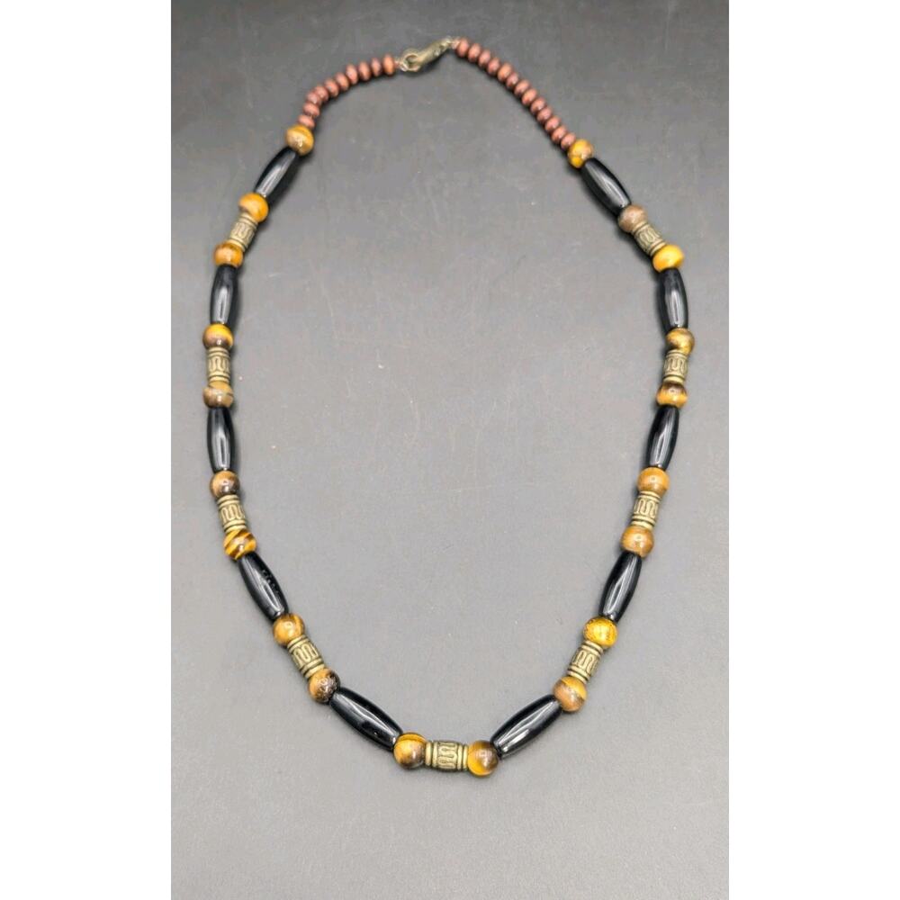 Vintage Tiger's Eye Black Bead Brass Spacers Wood Bead Necklace